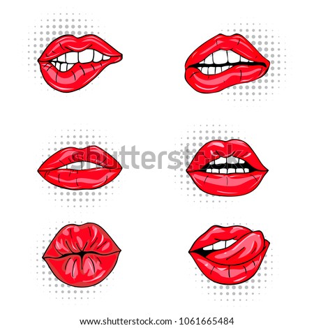 Set of sexy female lips in red glossy lipstick, seductive, kissing, bitten, with tongue, lollipop, cherry, rose, candy. Glamour mouths isolated on white background. Pop art style female sexy mouths.  