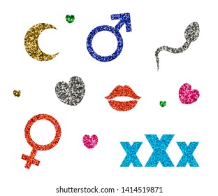 Set of sexy icons. Vector illustration. Sequins and tinsel. Erotic symbols.