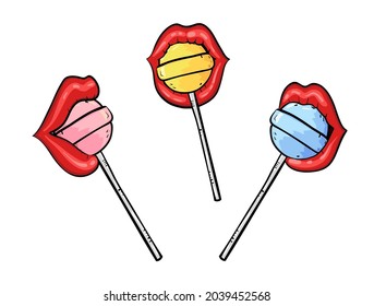 Conjunto de labios sexys con copas. Ilustración vectorial en estilo retro, arte pop.