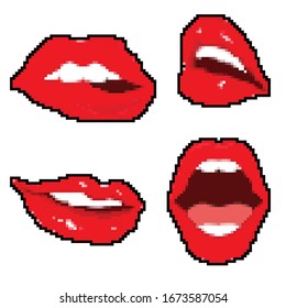Conjunto de labios de píxeles sexys. Pixel art 8 bits. Beso dulce.