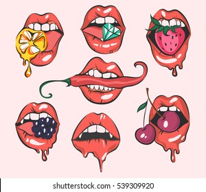 Set of sexy pop art lips, close up view of cartoon girls mouths, vector illustrations
