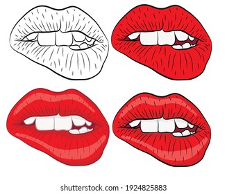 Set Of Sexy Red Lips In Red Lipstick Bite Her Lip With Her Teeth. Red Female Lips Are Smiling. Vector Illustration.