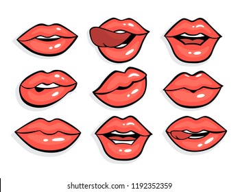 Set of sexy red pop art lips. Mouth with red lipstick on it in vintage comic style. Collection of girl lips with tongue. Isolated flat vector illustration