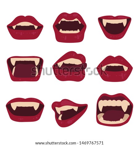 Set of sexy vampire lips isolated on a white background. Mouth with fangs. Halloween Vector illustration.