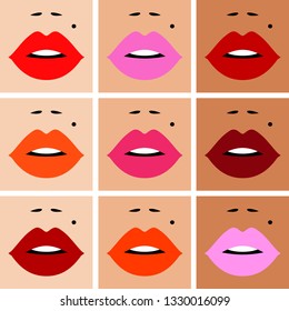 Set sexy woman's lips, different colors lipstick, different colors skin, make up artist. Beauty logo. Vector illustration. 