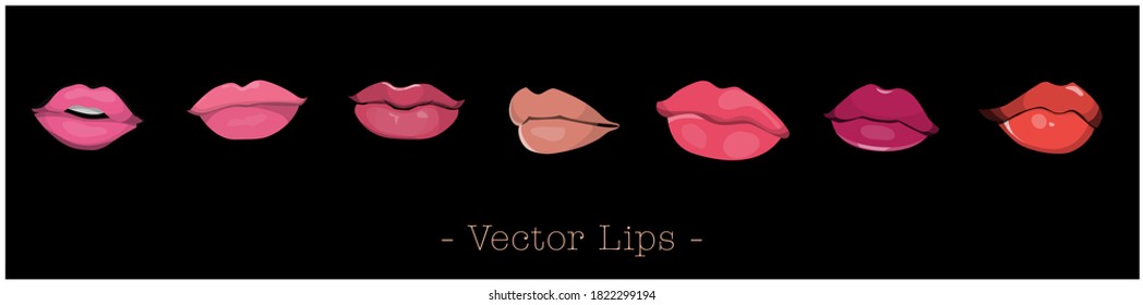 Conjunto de labios de mujer sexy, diferentes tonos de lápiz labial. Colección de labios de arte vectorial de alta calidad aislados en fondo negro