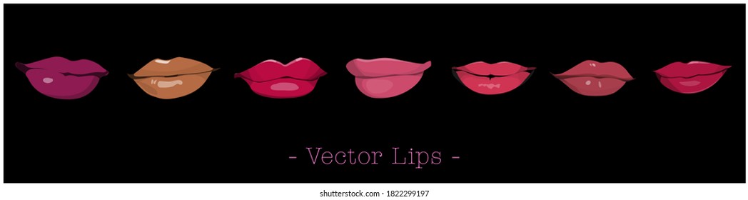 Set of sexy woman's lips, different lipstick shades. High quality vector art lips collection isolated on black background