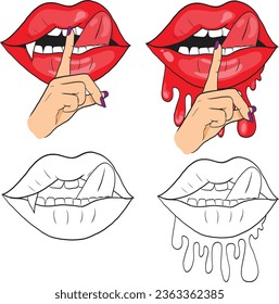 Set von sexy Frauen Lippen mit Hand Finger Stille, die Hand auf Lippen, vampire tropfende sexy Lippen, Halloween, weibliche sexy Lippen Linie Stil.