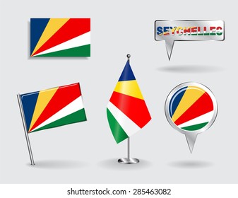 Set of Seychelles pin, icon and map pointer flags. Vector illustration.