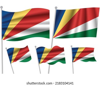 Set of Seychelles waving flag on isolated background vector illustration. 5 multi stripes wavy realistic flag as a patriotic symbol
