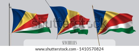 Set of Seychelles waving flag on isolated background vector illustration. 3 multi stripes wavy realistic flag as a patriotic symbol 