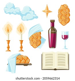 Set of Shabbat Shalom religious objects. Jewish symbols. Judaism concept illustration.