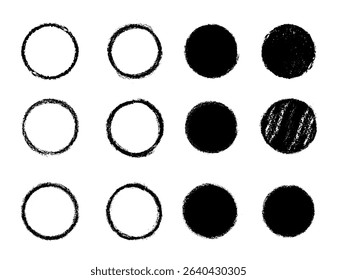 Set of shabby circle shape vector charcoal pencil art brushes