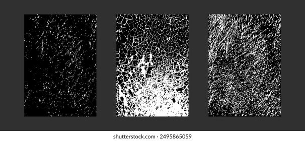 Set of shabby rough textures. Worn grainy grunge background. Rough effect of ice, snow for winter design. Black and white color. Dirty eroded vintage background. Vector illustration.