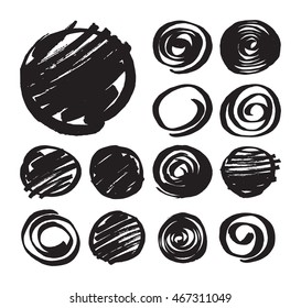 Set of shaded circles and spirals hand drawn by marker. Black felt pen design elements isolated on white background. Collection of sketched round abstract symbols. Vector art in eps8 format.