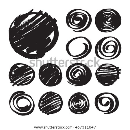 Set of shaded circles and spirals hand drawn by marker. Black felt pen design elements isolated on white background. Collection of sketched round abstract symbols. Vector art in eps8 format.