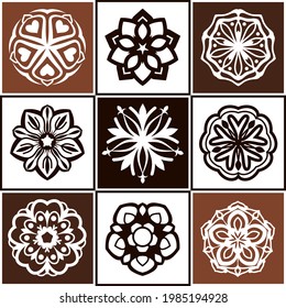 Decoración de mandala marrón aislada en segundo plano. Ornamentos decorativos vectoriales redondos. Elementos de diseño mínimo forma de flor de icono de copo de nieve para logotipo, arte de tatuajes.