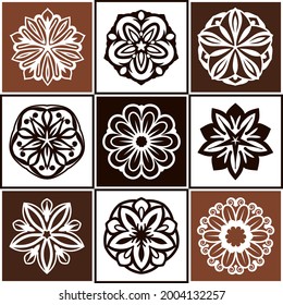 Set of shades of brown mandala isolated on background. Vector decorative round ornaments. Minimal design elements flower shape of snowflake icon for logo, tattoo artwork.