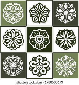 Set of shades of green mandala isolated on background. Vector decorative round ornaments. Minimal design elements flower shape of snowflake icon for logo, tattoo artwork.
