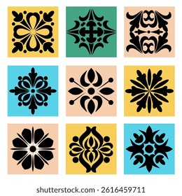 Set of shades of mandala isolated on background. Vector decorative round ornaments. Minimal design elements flower shape of snowflake icon for logo, tattoo artwork.
