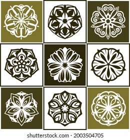 Set of shades of yellow mandala isolated on background. Vector decorative round ornaments. Minimal design elements flower shape of snowflake icon for logo, tattoo artwork.