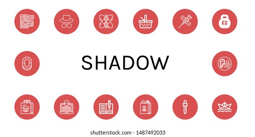 Set of shadow icons such as Blog, Hacker, Genomics, Picnic basket, Cannula, Kettlebell, Shopping bag, Notebook, Dropper, Paper ship, 
