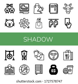 Set Of Shadow Icons. Such As Cloning, Cat, Steak, Content, Shopping Bag, Notebook, Hand Puppet, Red Card, Darts Target, Hacker, Water Tower, Global, Horse, Turn , Shadow Icons