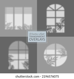 Set of Shadow and light overlay effect of various window frames and plant leaves. Transparent soft light and shadows from plant branches, leaves and foliage. Collection of Mockup of transparent