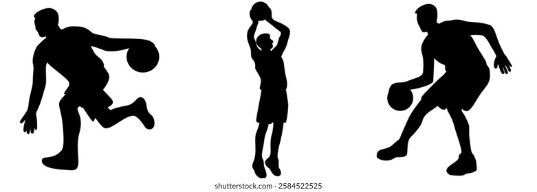 Set shadow of a male basketball player on transparent background