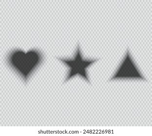 Set shadows effects. Different realistic soft grey shapes.Heart, star and traingle shades isolated on transparent background. Vector illustration.