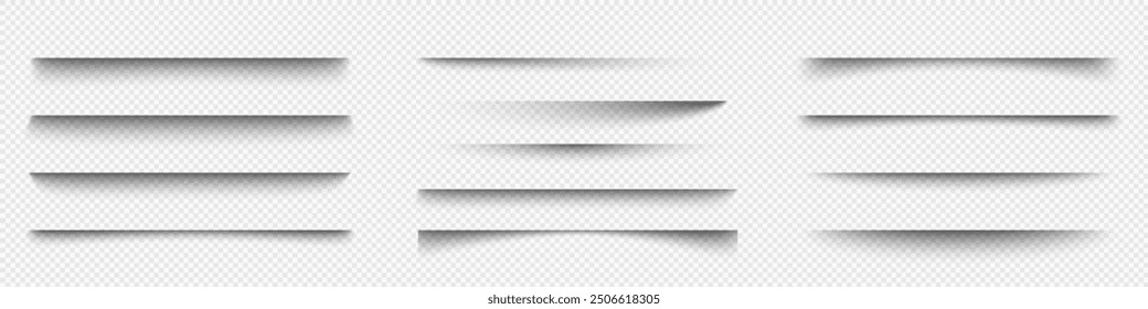 A set of shadows on a transparent background. Realistic soft shadows. Various shadows of the edge of the sheet. Layer separation element. Vector illustration.