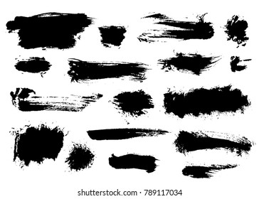 Set of shaggy different black brushstrokes isolated on white background. Wide and small shapes, stripes