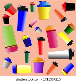 a set of shakers for sports nutrition of different colors and shapes