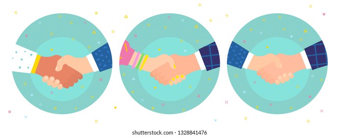 Set of Shaking hands. Concept of success deal, happy partnership, greeting shake, casual handshaking agreement. Flat design, vector illustration.