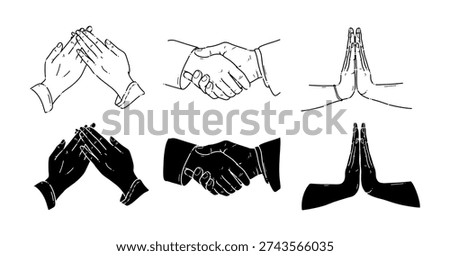 set of Shaking hands Together as a gesture of apology, forgiveness, respect, and reconciliation on line art and silhouette style. Suitable for religious or social themes.