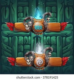 Set shaman boosters - symbols of the four elements. The characters of the clan, tribe, vector illustration cartoon style. To create video games and web.