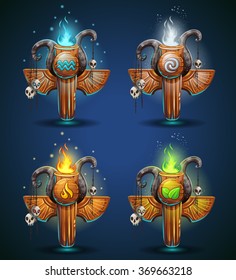 Set shaman totems - symbols of the four elements. The characters of the clan, tribe, vector illustration cartoon style. To create video games and web.