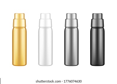 Set of shampoo bottle mockups. Plastic package design. Blank white, silver, gold, black product container template: sanitizer, softener, laundry, soap, stain remover. 3d vector illustration