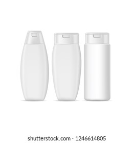 Set of shampoo bottles isolated on white background. Vector mockup.
