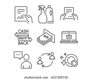 Set of Shampoo and spray, Users chat and Online shopping icons. Cashback card, Document and User communication signs. Atm money, Receive file and Clean dishes symbols. Washing liquids. Vector