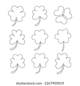 set of Shamrock lucky clover St. patrick’s day line art trefoil Irish vector.four leaf linear lineart holiday symbol. design element for sticker, logo, icon, t-shirt, banners, prints.