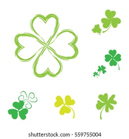 Set of Shamrock Vector Icons for St. Patrick Day. Green Trefoil Illustration Isolated on White Background