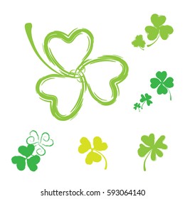 Set of Shamrock Vector Icons for St. Patrick Day. Green Trefoil Illustration Isolated on White Background