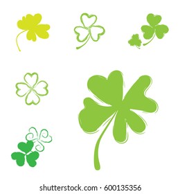 Set of Shamrock Vector Icons for St. Patrick Day. Green Trefoil Illustration Isolated on White Background