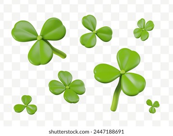 Set of shamrocks and four leaf clovers. Green leaves of plant, symbol of happiness, luck