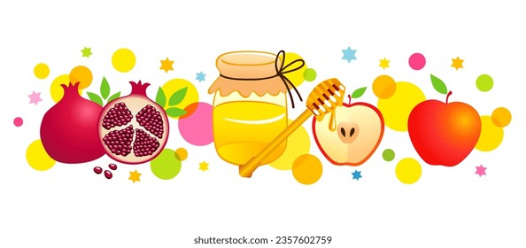 Set of Shana Tova traditional food - pomegranates, apple, honey and colored circles. Rosh Hashanah, jewish holiday Happy New Year. Vector illustration fruit symbols
