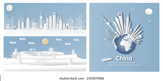 set Shanghai, China Postcards of world-famous landmarks, panoramas, tours, world-famous places in paper cut style vector illustration - Vector