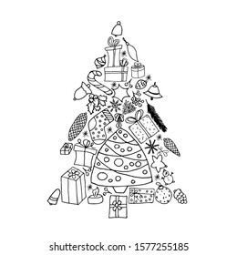 Set in the shape of a Christmas tree. Set of hand-drawn icons. Christmas tree for decoration on a white background. Holiday element collection. Different pictures on the theme of the new year.