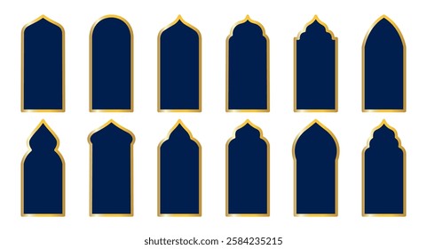 Set of shape in dark blue with gold borders.  Elegant Arabic, Moroccan and Persian ornamental elements. For Ramadan, Eid Mubarak, and Islamic design projects. Vector illustration