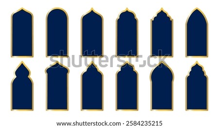 Set of shape in dark blue with gold borders.  Elegant Arabic, Moroccan and Persian ornamental elements. For Ramadan, Eid Mubarak, and Islamic design projects. Vector illustration